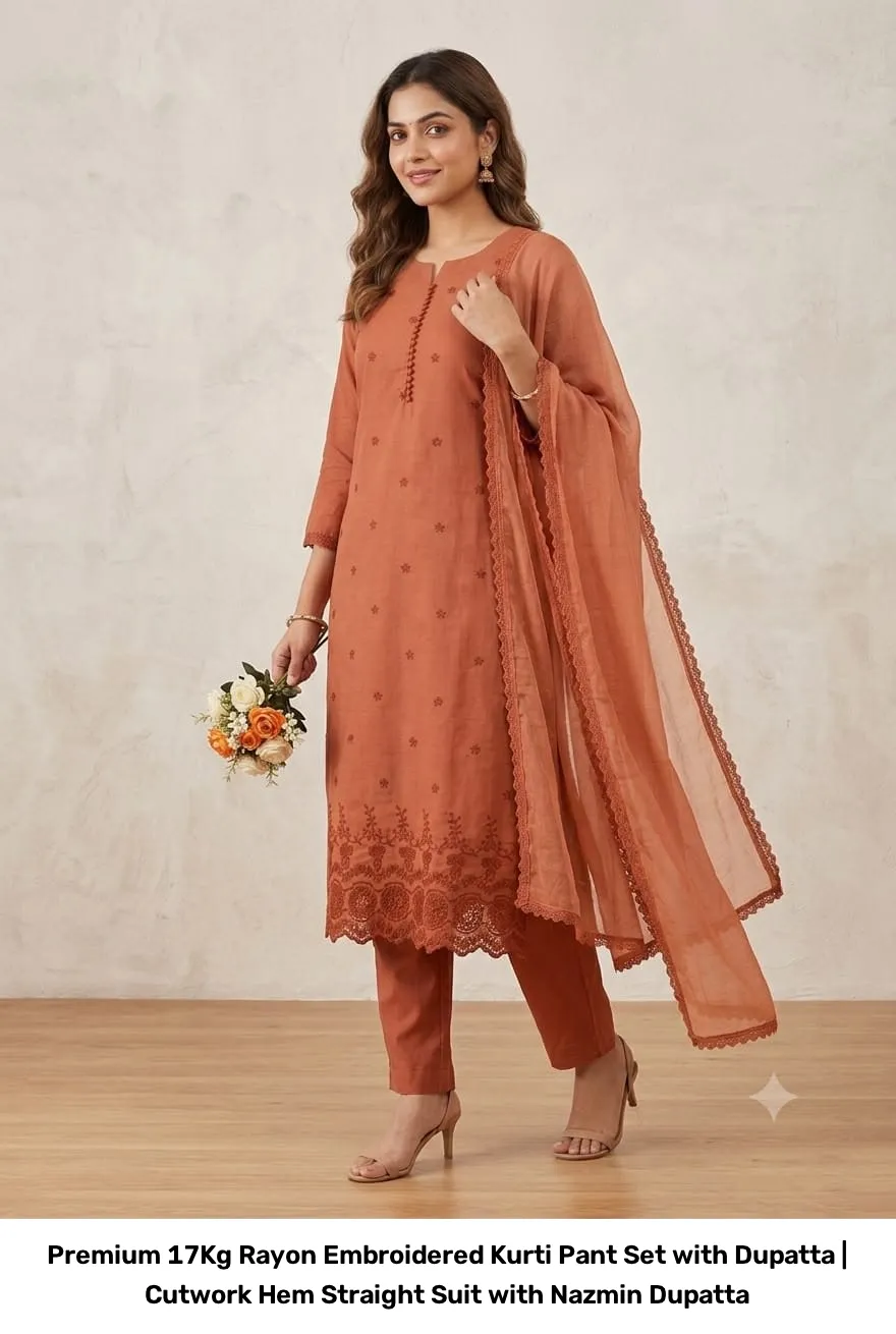 Premium 17Kg Rayon Embroidered Kurti Pant Set with Dupatta | Cutwork Hem Straight Suit with Nazmin Dupatta 3