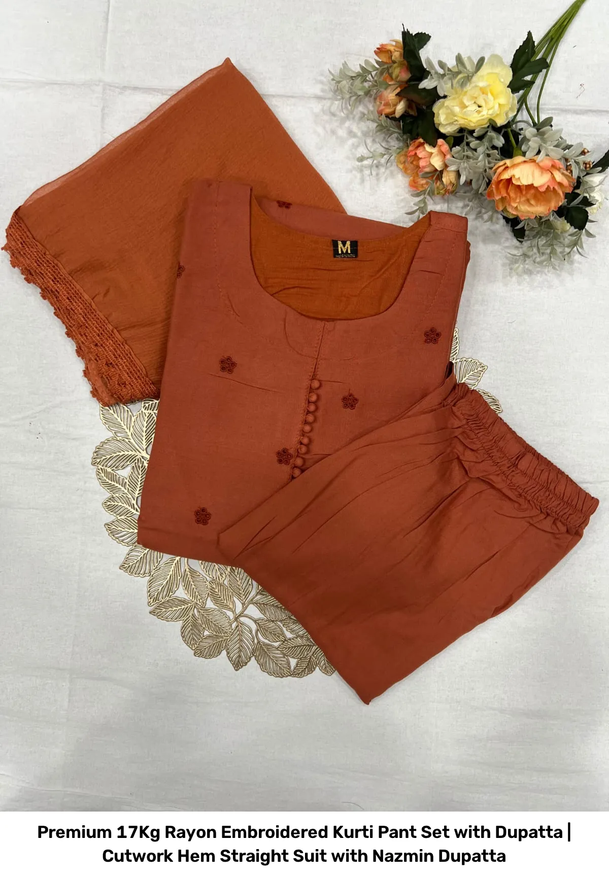 Premium 17Kg Rayon Embroidered Kurti Pant Set with Dupatta | Cutwork Hem Straight Suit with Nazmin Dupatta 4