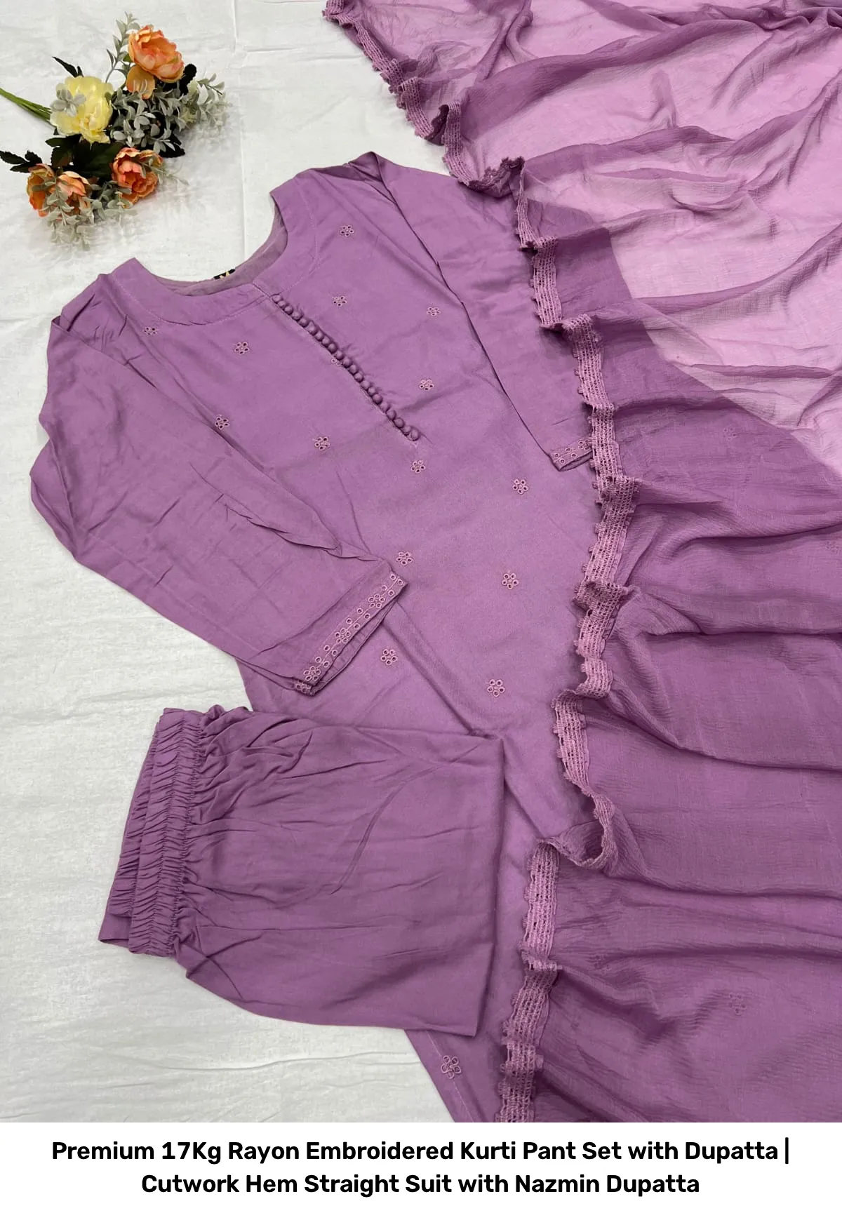 Premium 17Kg Rayon Embroidered Kurti Pant Set with Dupatta | Cutwork Hem Straight Suit with Nazmin Dupatta 5