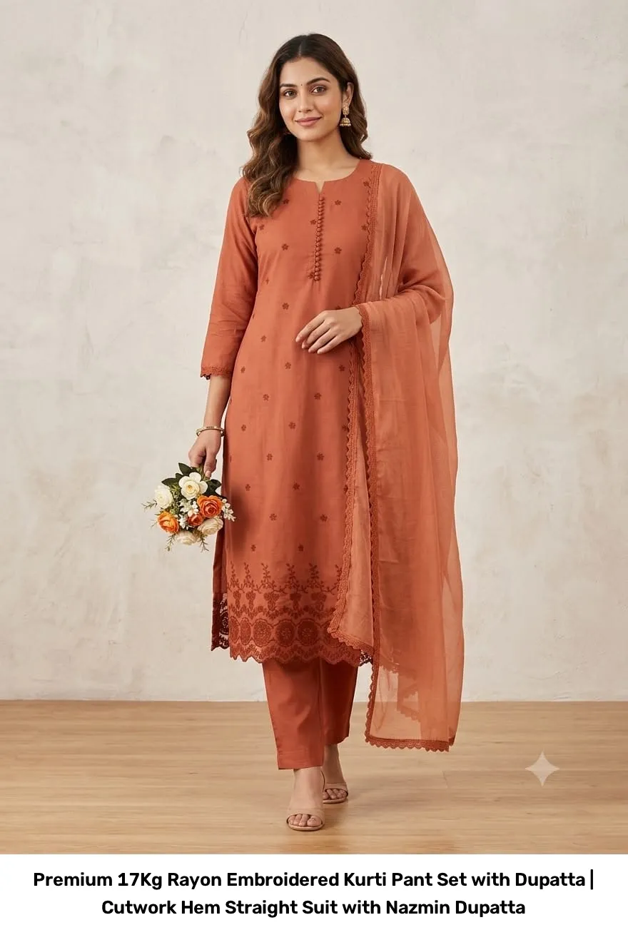 Premium 17Kg Rayon Embroidered Kurti Pant Set with Dupatta | Cutwork Hem Straight Suit with Nazmin Dupatta 7