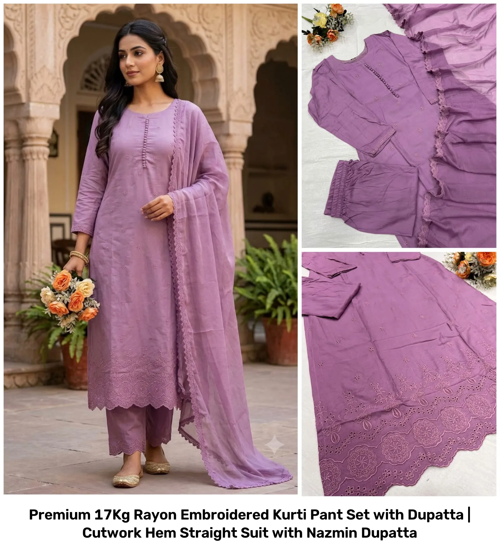 Premium 17Kg Rayon Embroidered Kurti Pant Set with Dupatta | Cutwork Hem Straight Suit with Nazmin Dupatta 8