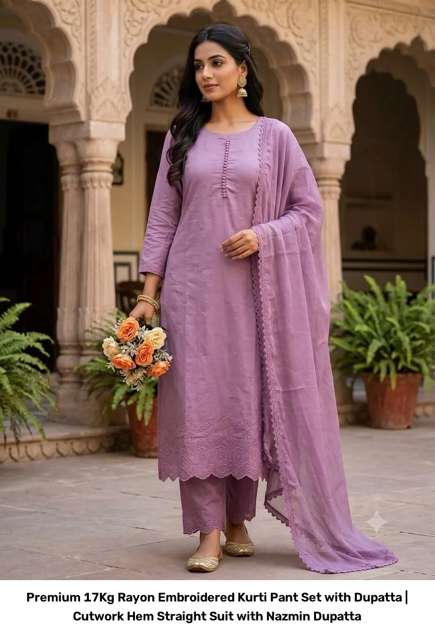 Premium 17Kg Rayon Embroidered Kurti Pant Set with Dupatta | Cutwork Hem Straight Suit with Nazmin Dupatta 9