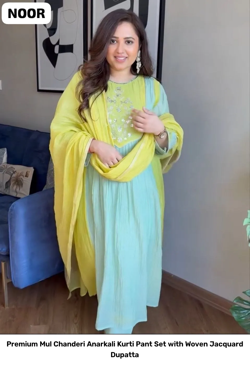 Premium Mul Chanderi Anarkali Kurti Pant Set with Woven Jacquard Dupatta 2