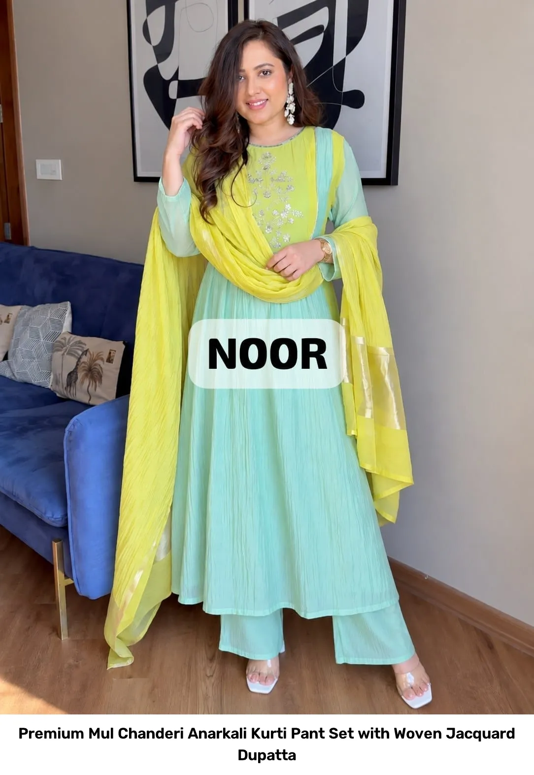 Premium Mul Chanderi Anarkali Kurti Pant Set with Woven Jacquard Dupatta 3