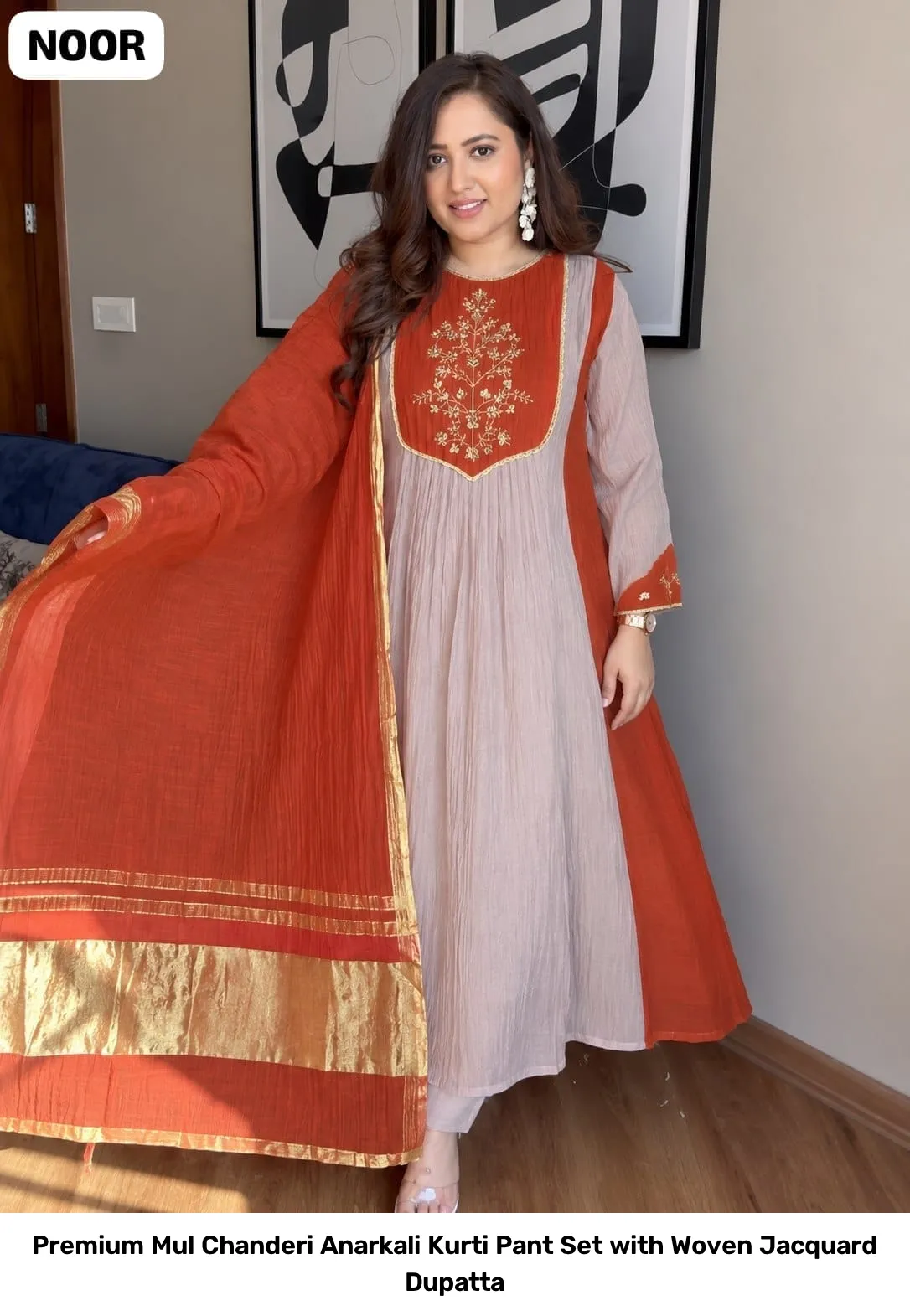 Premium Mul Chanderi Anarkali Kurti Pant Set with Woven Jacquard Dupatta 4