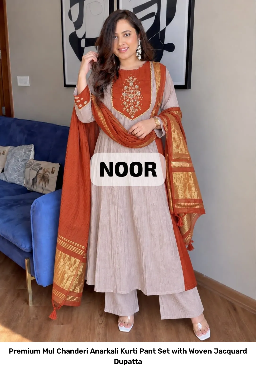 Premium Mul Chanderi Anarkali Kurti Pant Set with Woven Jacquard Dupatta 6