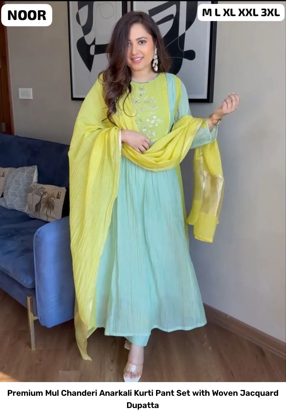 Premium Mul Chanderi Anarkali Kurti Pant Set with Woven Jacquard Dupatta 7