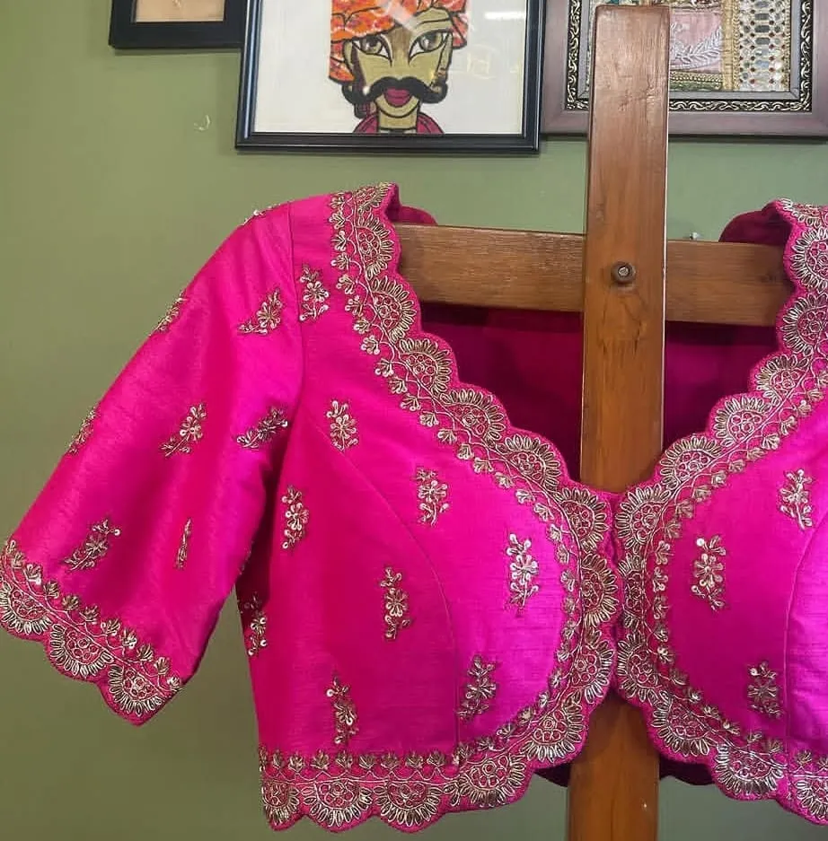 Premium Pink Raw Silk Blouse with Intricate Zardozi Work and Scalloped Neckline | Buy Designer Saree Blouses Online