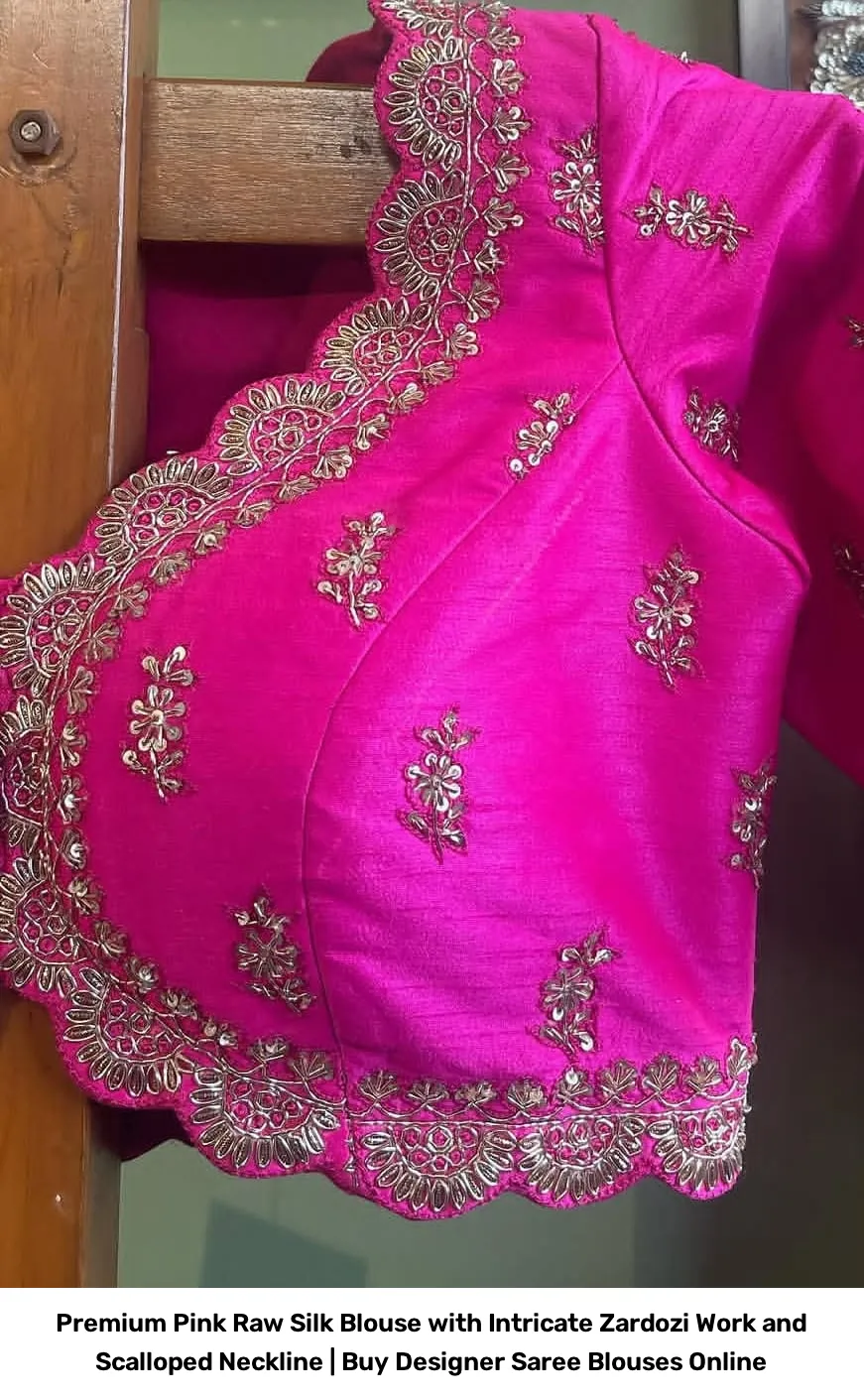 Premium Pink Raw Silk Blouse with Intricate Zardozi Work and Scalloped Neckline | Buy Designer Saree Blouses Online 2