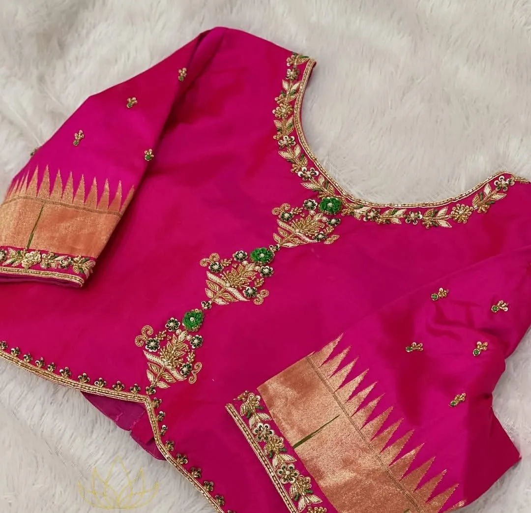 Premium Pink Raw Silk Blouse with Zardozi Embroidery & Brocade Borders | Buy Designer Saree Blouses Online