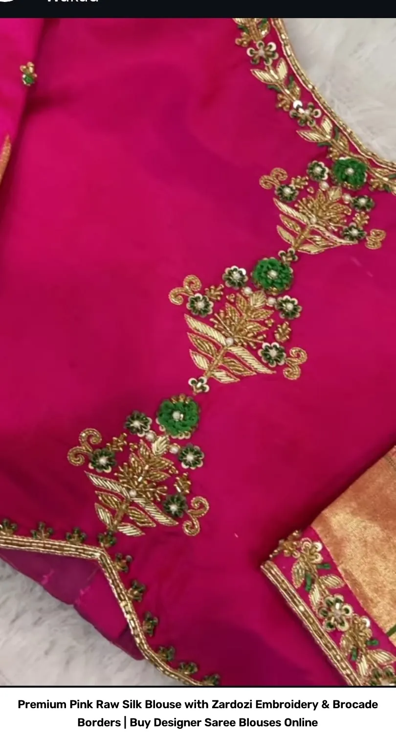Premium Pink Raw Silk Blouse with Zardozi Embroidery & Brocade Borders | Buy Designer Saree Blouses Online 2