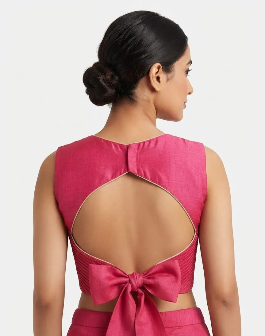 Premium Raw Silk Boat Neck Blouse Featuring Back Bow Tie-Up