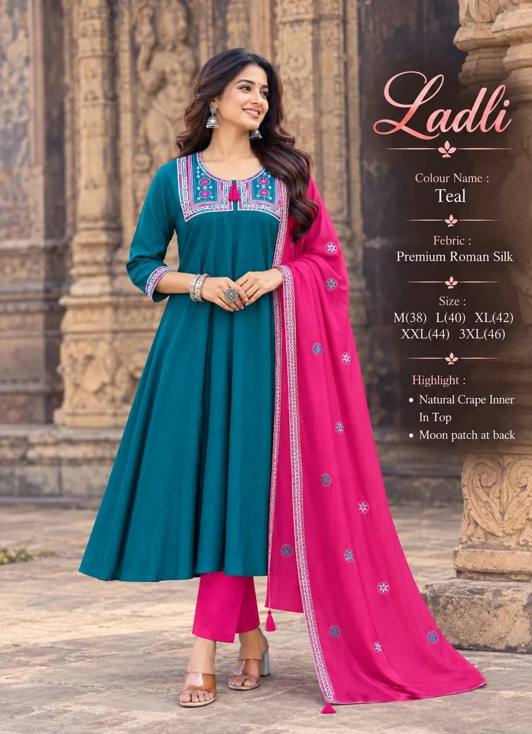 Premium Roman Silk Anarkali Suit Set with Embroidered Yoke, Pant & Contrast Dupatta (Sizes M–3XL)