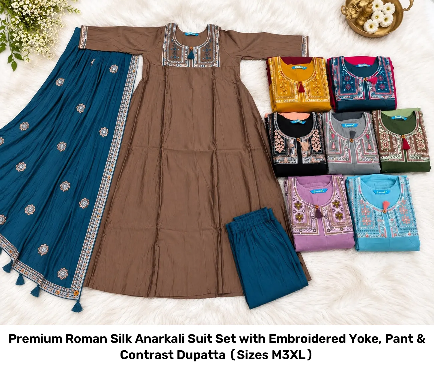 Premium Roman Silk Anarkali Suit Set with Embroidered Yoke, Pant & Contrast Dupatta (Sizes M–3XL) 2