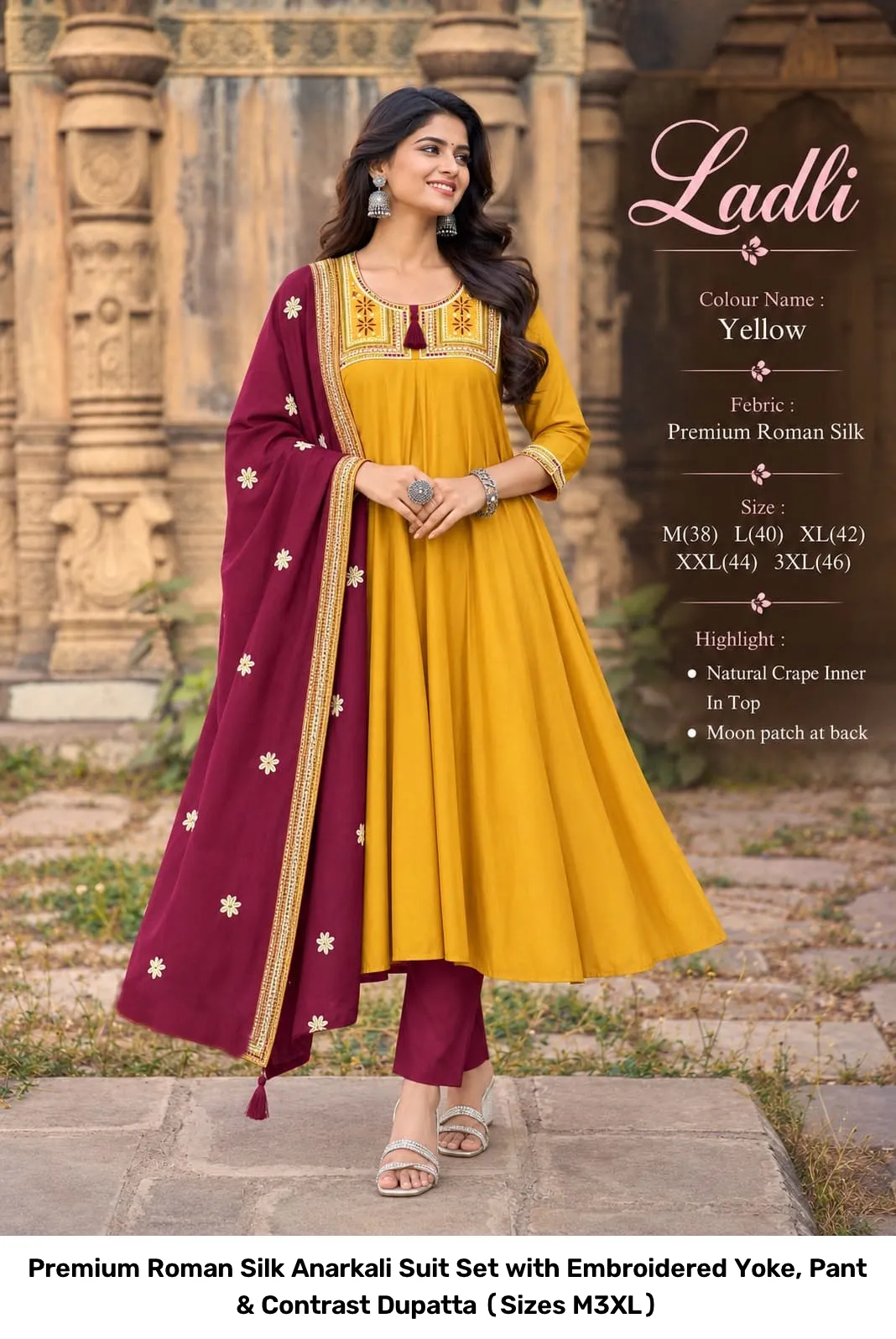 Premium Roman Silk Anarkali Suit Set with Embroidered Yoke, Pant & Contrast Dupatta (Sizes M–3XL) 3