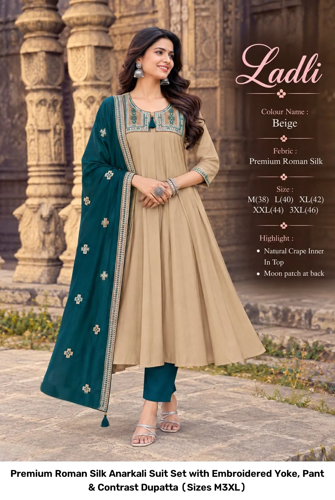 Premium Roman Silk Anarkali Suit Set with Embroidered Yoke, Pant & Contrast Dupatta (Sizes M–3XL) 4