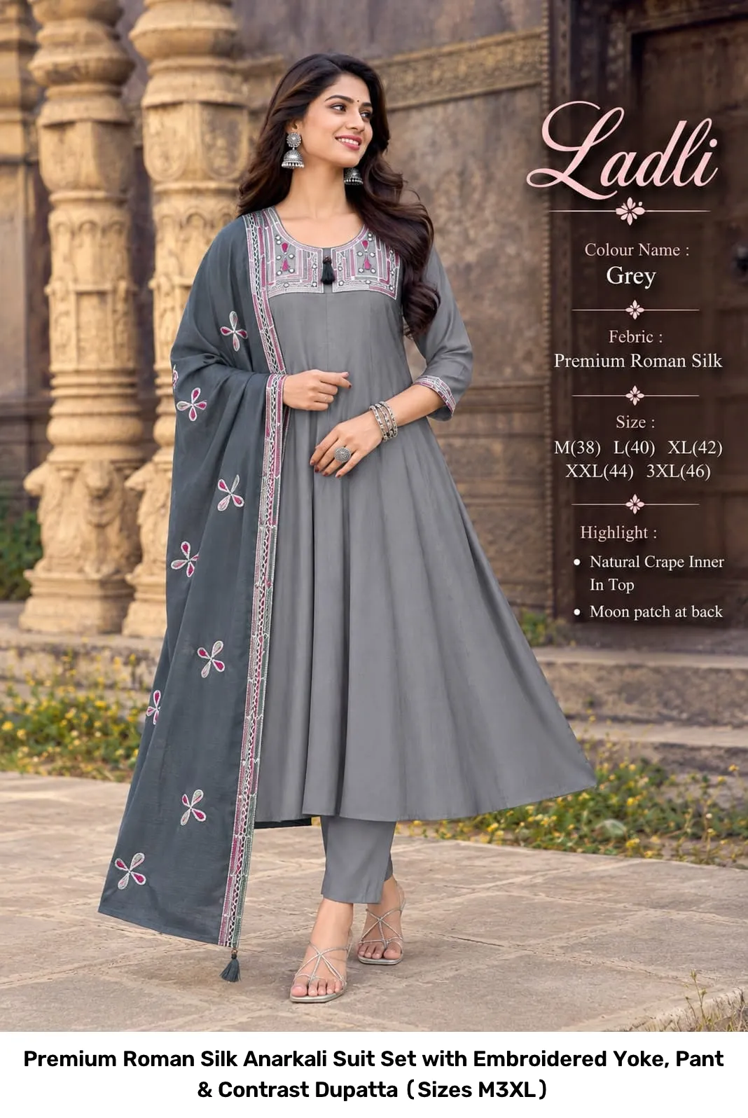 Premium Roman Silk Anarkali Suit Set with Embroidered Yoke, Pant & Contrast Dupatta (Sizes M–3XL) 5