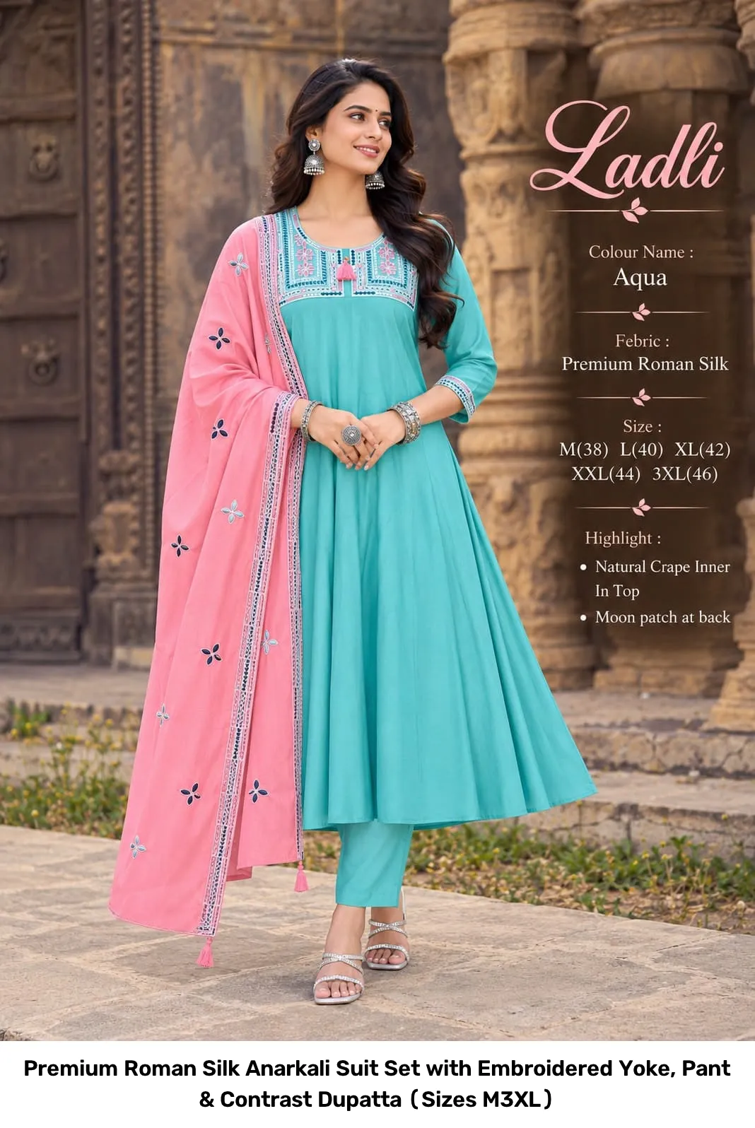 Premium Roman Silk Anarkali Suit Set with Embroidered Yoke, Pant & Contrast Dupatta (Sizes M–3XL) 6