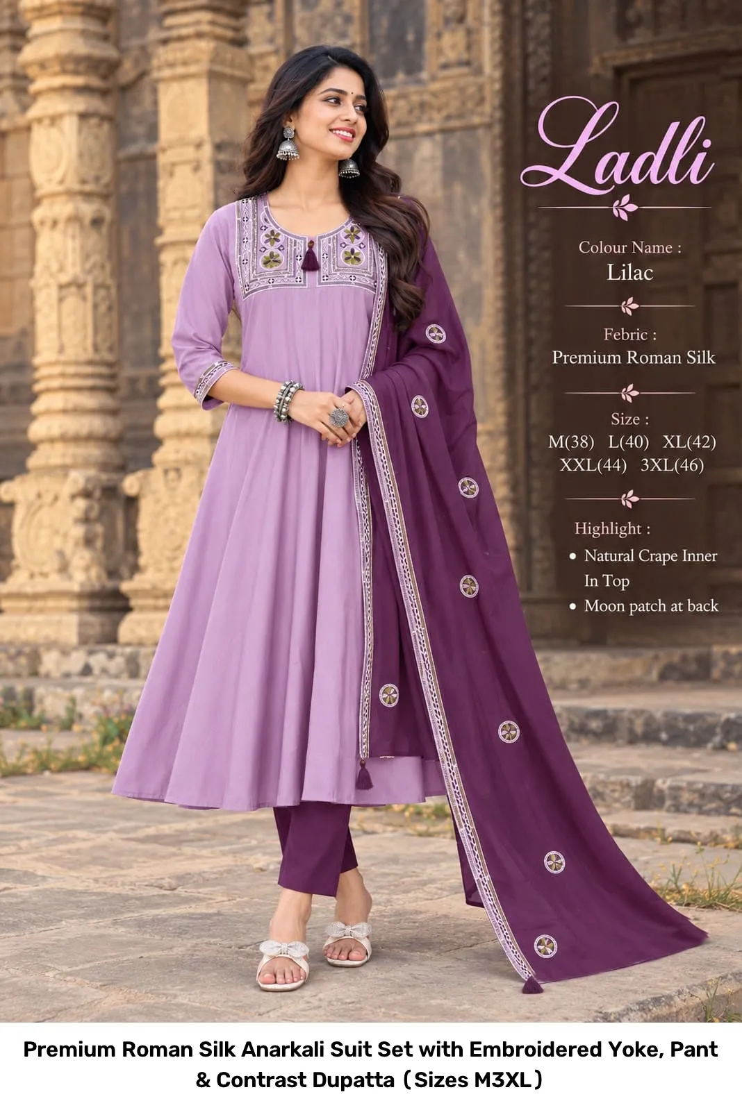 Premium Roman Silk Anarkali Suit Set with Embroidered Yoke, Pant & Contrast Dupatta (Sizes M–3XL) 8