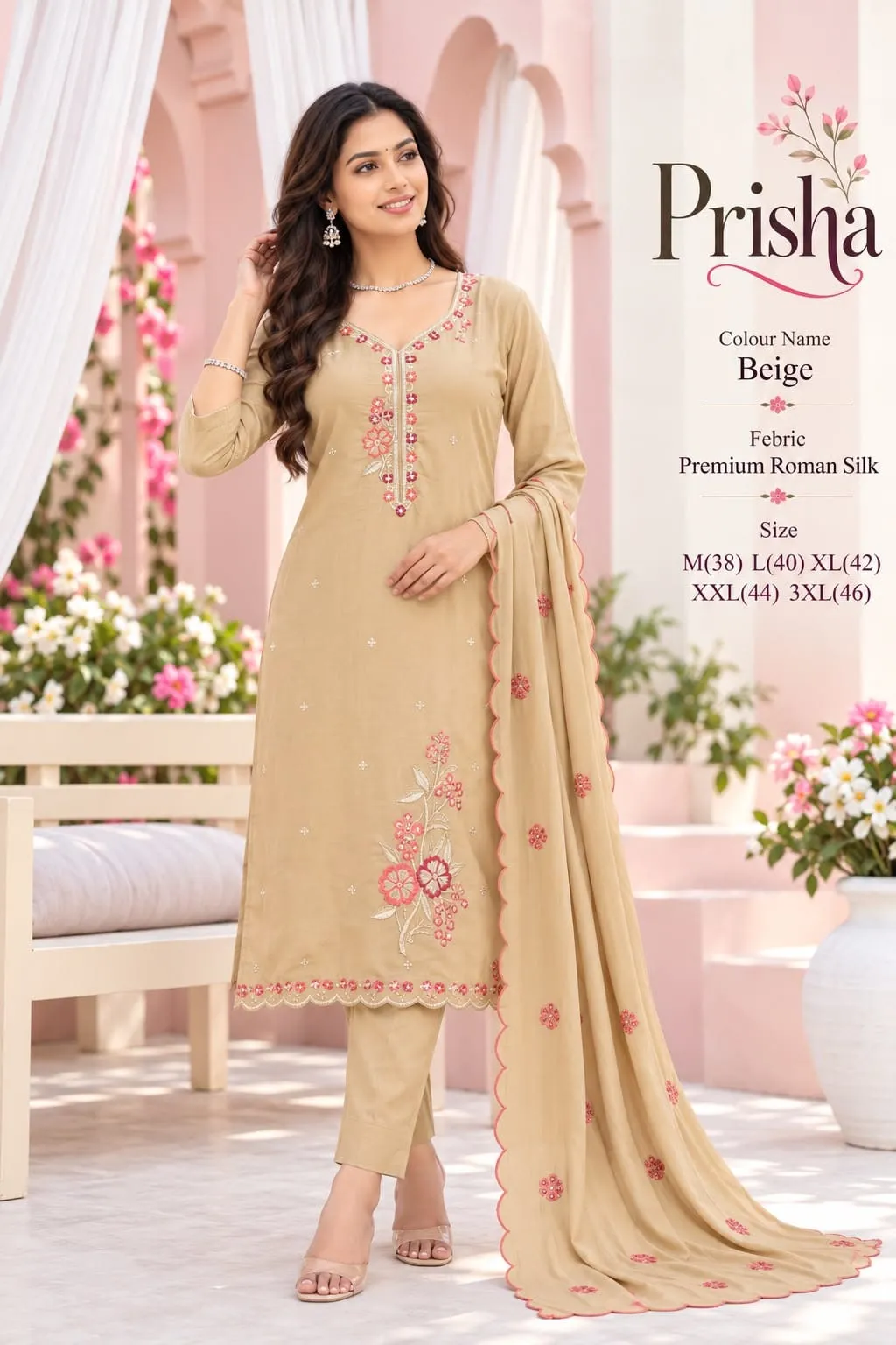 Premium Roman Silk Neck & Hem Embroidered Kurta Set with Scalloped Border Dupatta & Trousers
