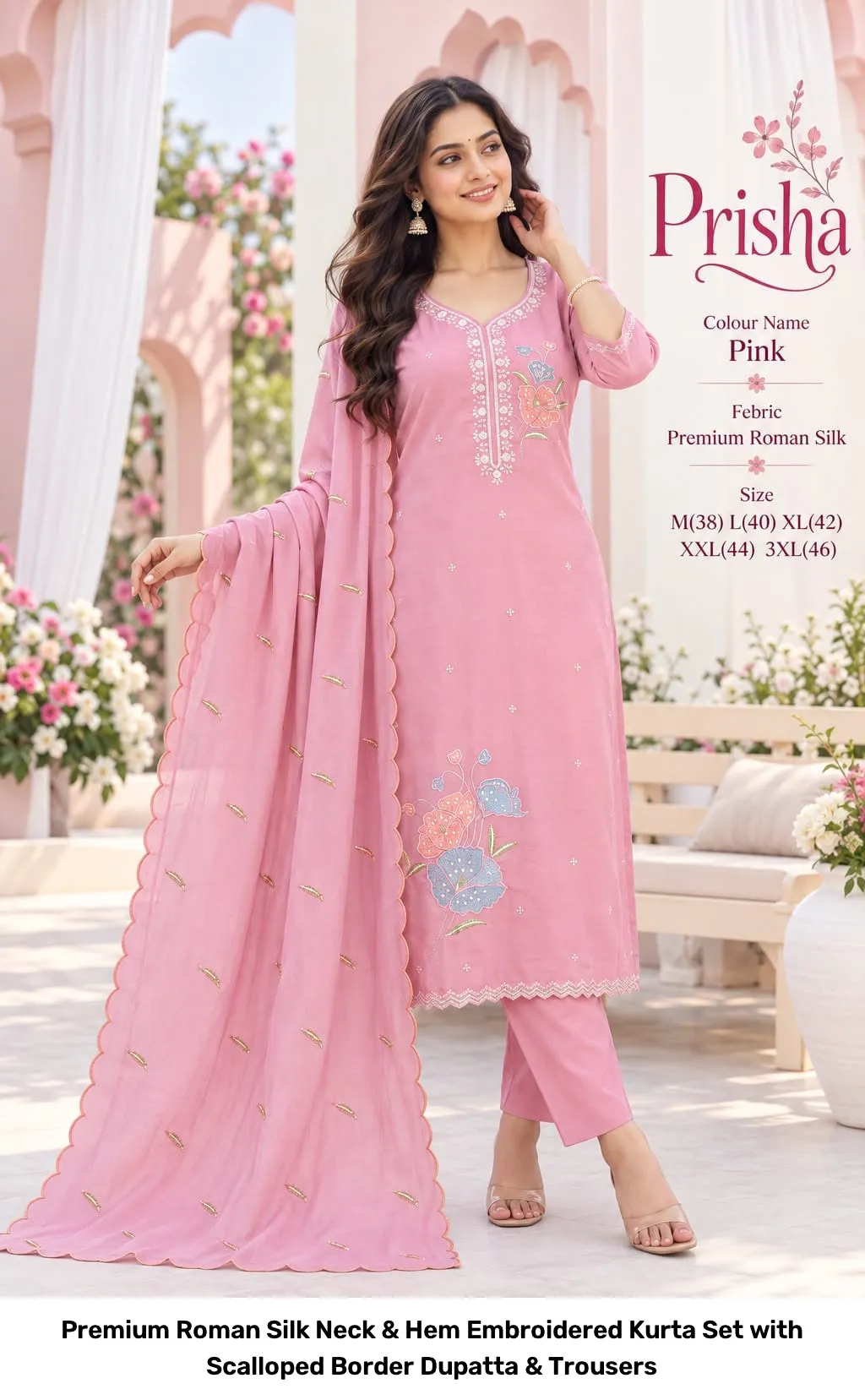 Premium Roman Silk Neck & Hem Embroidered Kurta Set with Scalloped Border Dupatta & Trousers 2