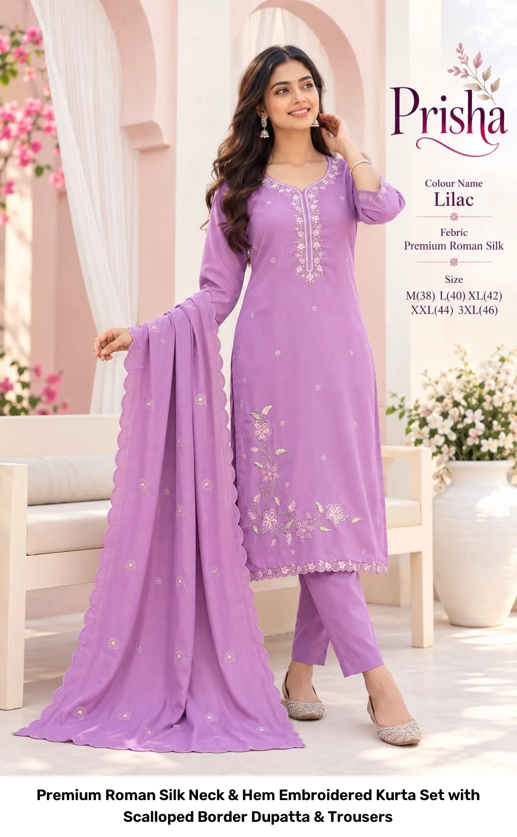 Premium Roman Silk Neck & Hem Embroidered Kurta Set with Scalloped Border Dupatta & Trousers 3