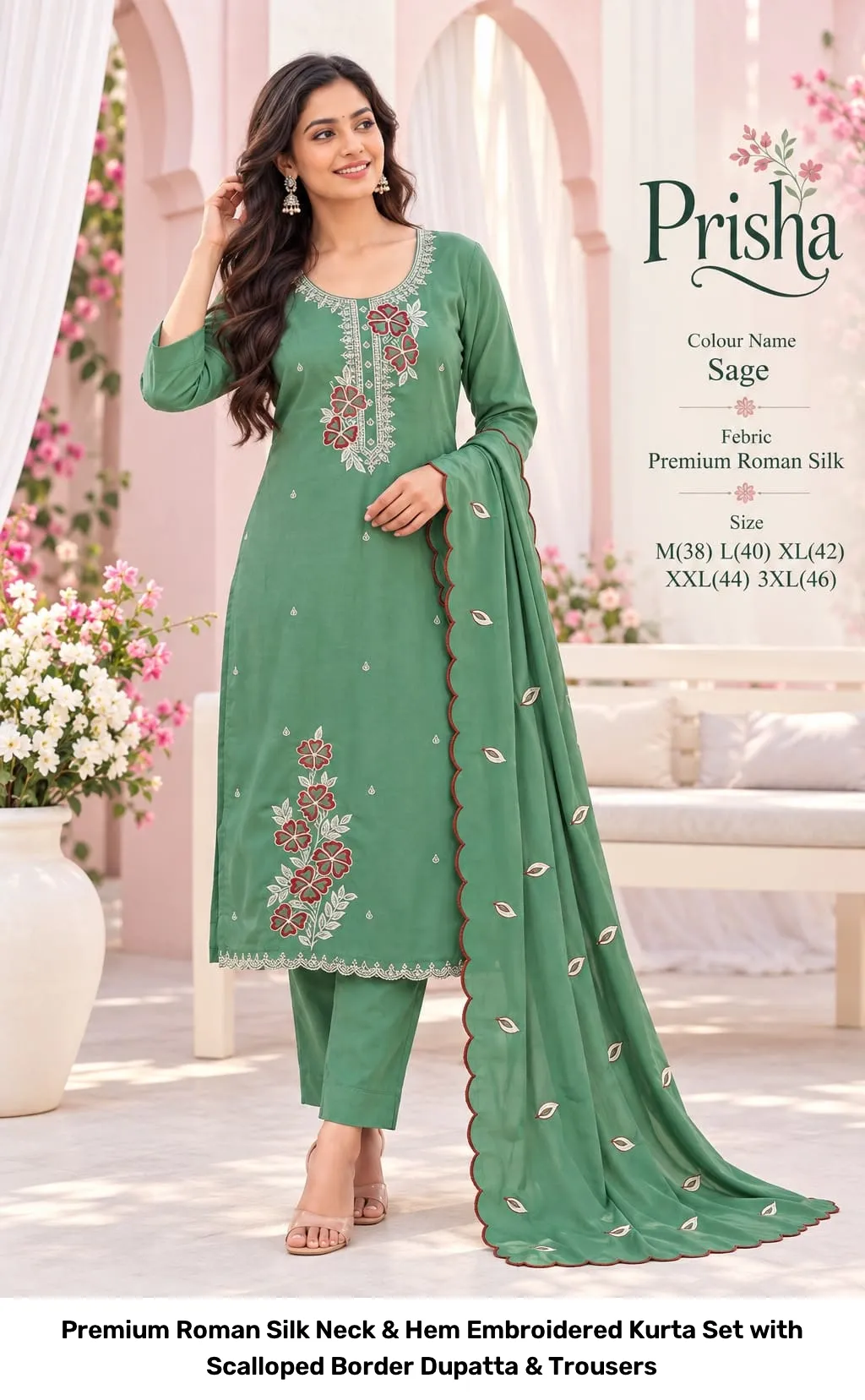 Premium Roman Silk Neck & Hem Embroidered Kurta Set with Scalloped Border Dupatta & Trousers 4