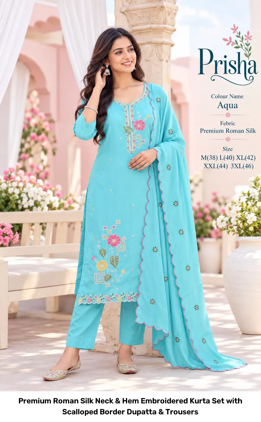 Premium Roman Silk Neck & Hem Embroidered Kurta Set with Scalloped Border Dupatta & Trousers 5