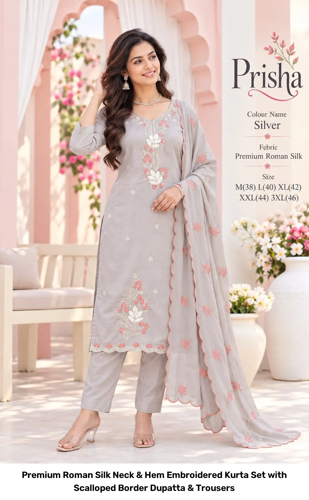 Premium Roman Silk Neck & Hem Embroidered Kurta Set with Scalloped Border Dupatta & Trousers 6