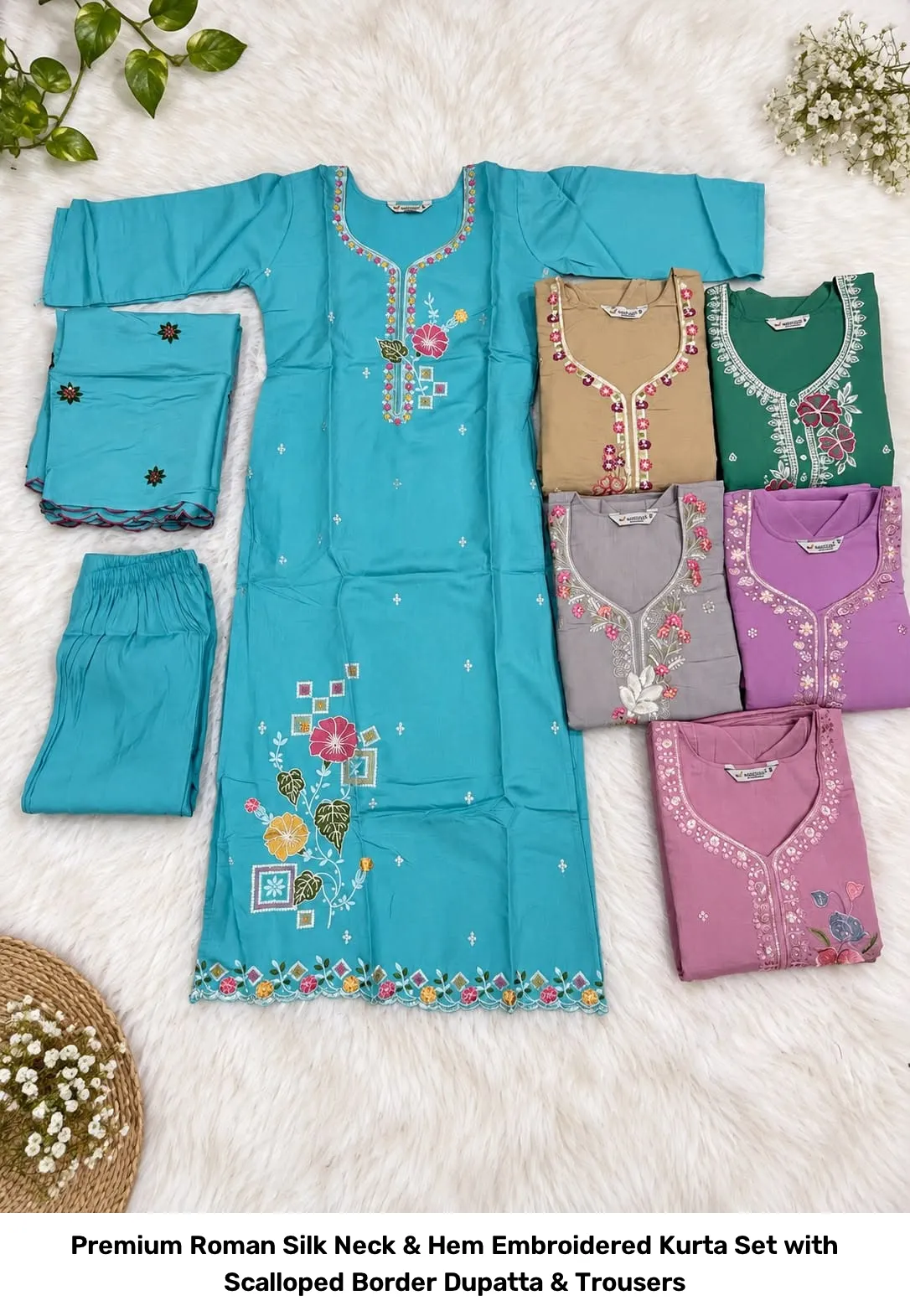Premium Roman Silk Neck & Hem Embroidered Kurta Set with Scalloped Border Dupatta & Trousers 7