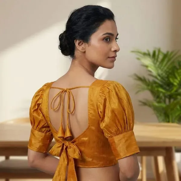 Puff Sleeve Tissue Silk Readymade Saree Blouse | Designer Tie-Back 1