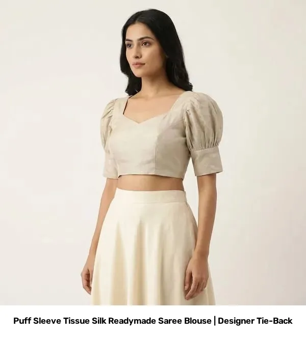 Puff Sleeve Tissue Silk Readymade Saree Blouse | Designer Tie-Back 2