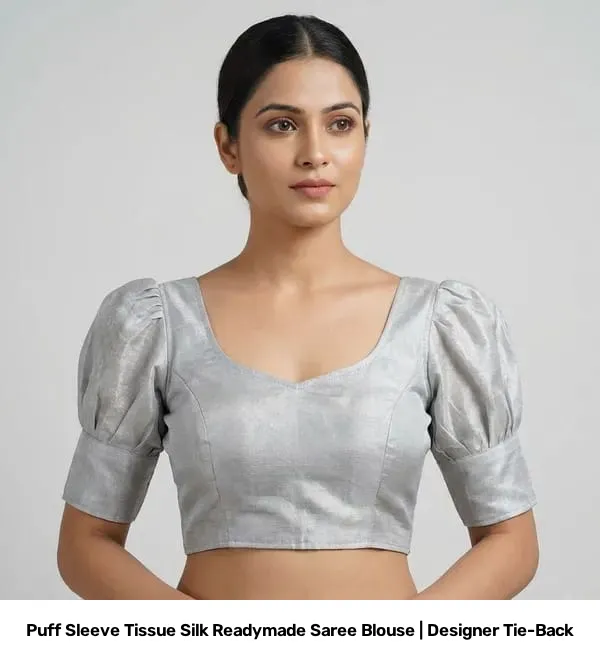 Puff Sleeve Tissue Silk Readymade Saree Blouse | Designer Tie-Back 3