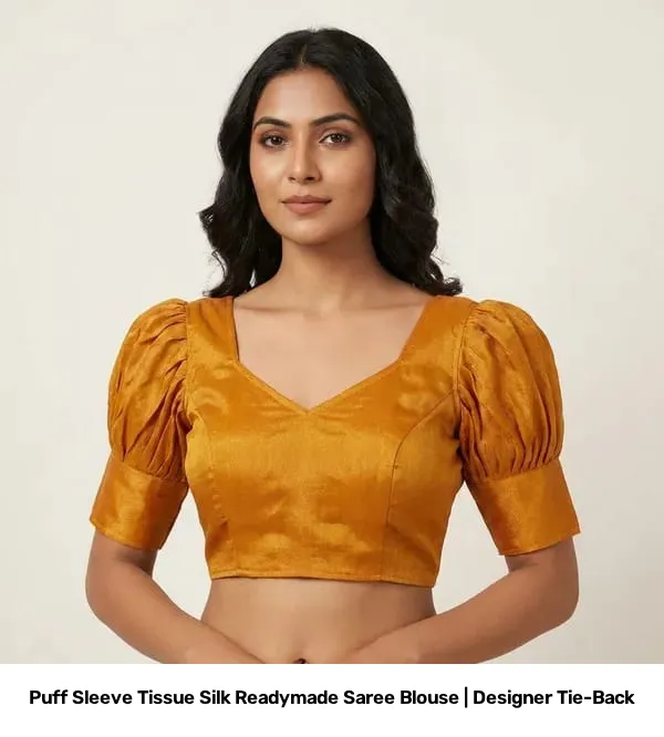 Puff Sleeve Tissue Silk Readymade Saree Blouse | Designer Tie-Back 4