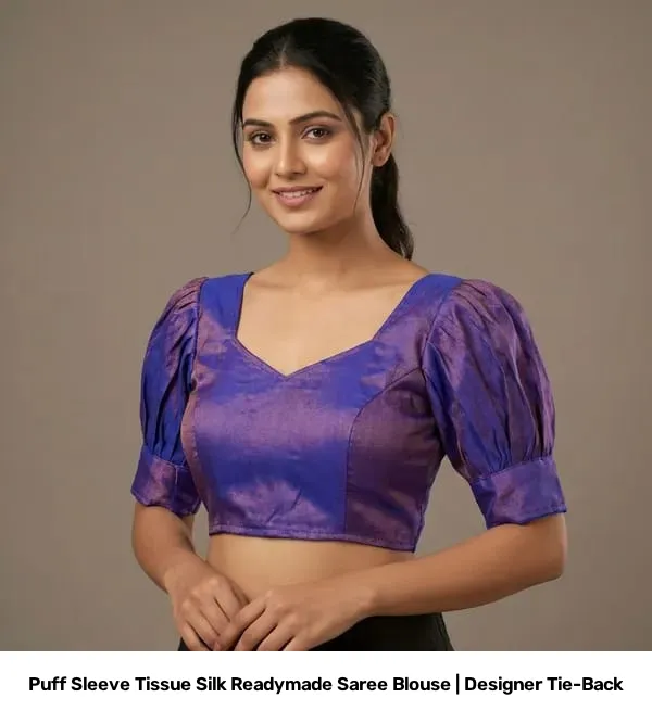Puff Sleeve Tissue Silk Readymade Saree Blouse | Designer Tie-Back 6
