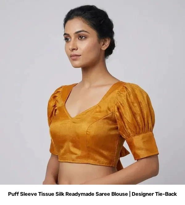 Puff Sleeve Tissue Silk Readymade Saree Blouse | Designer Tie-Back 7