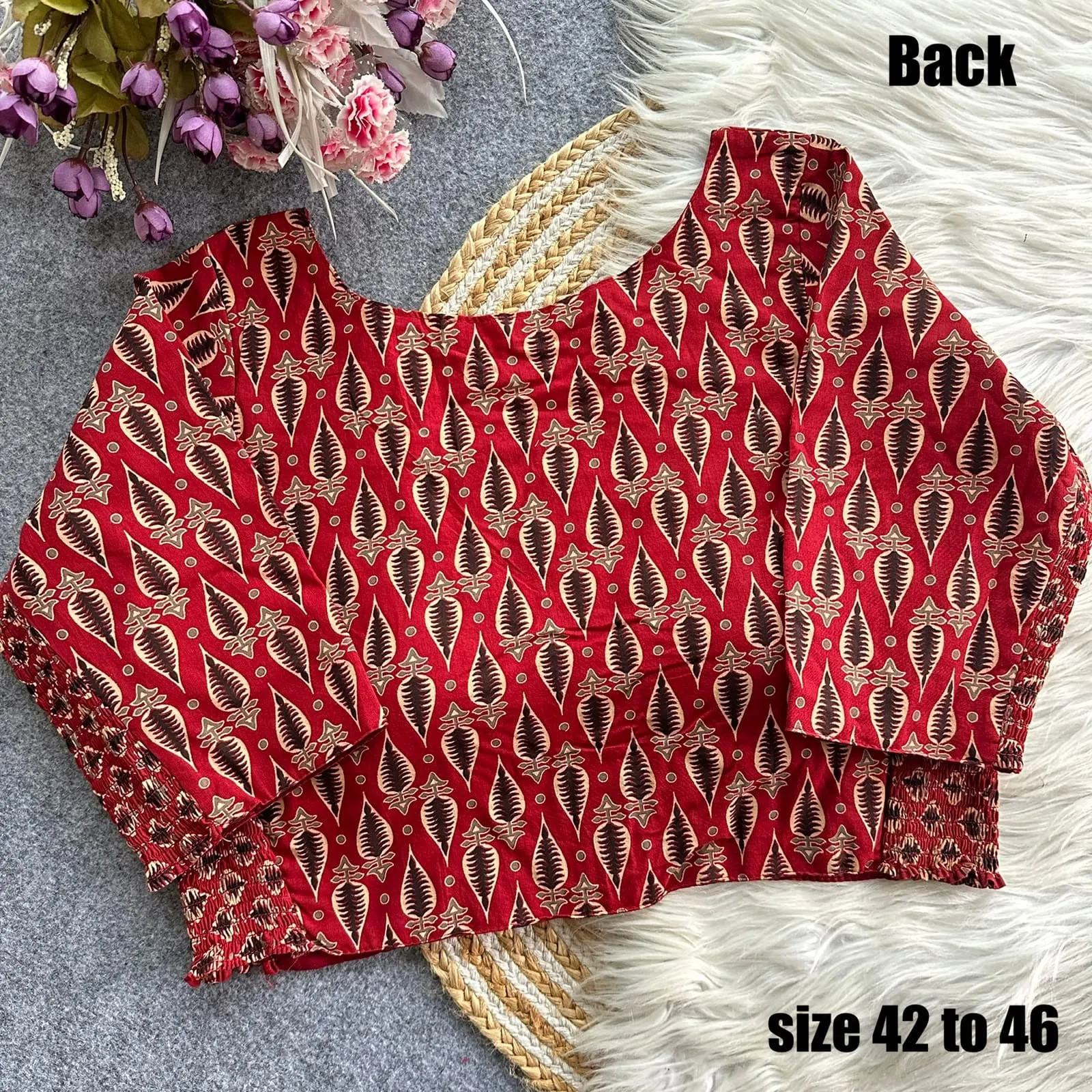 Pure Ajrakh Cotton Readymade Blouse | Hand Block Print Padded Saree Blouse with Side Elastic (Plus Size 42–46)