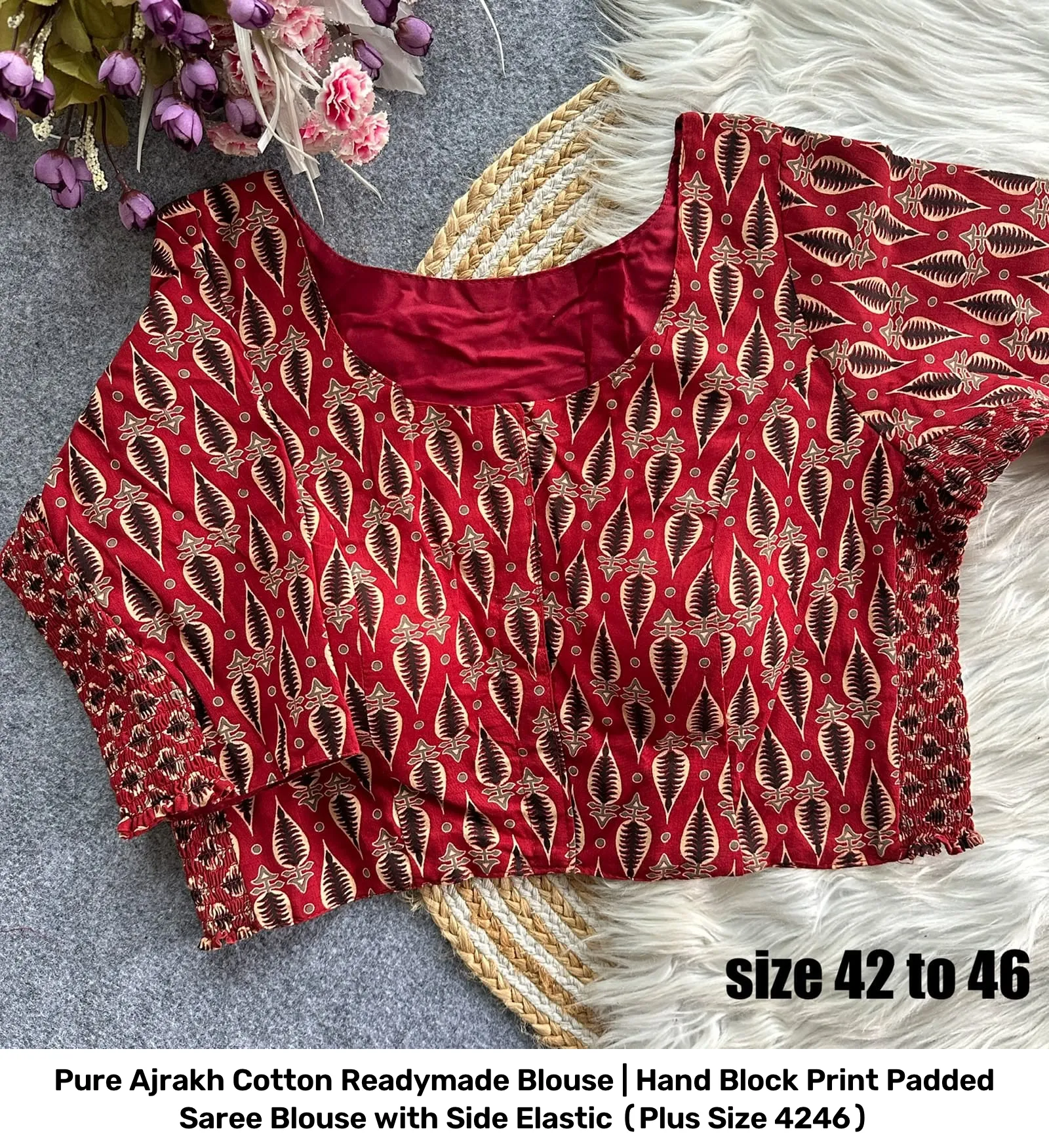Pure Ajrakh Cotton Readymade Blouse | Hand Block Print Padded Saree Blouse with Side Elastic (Plus Size 42–46) 2