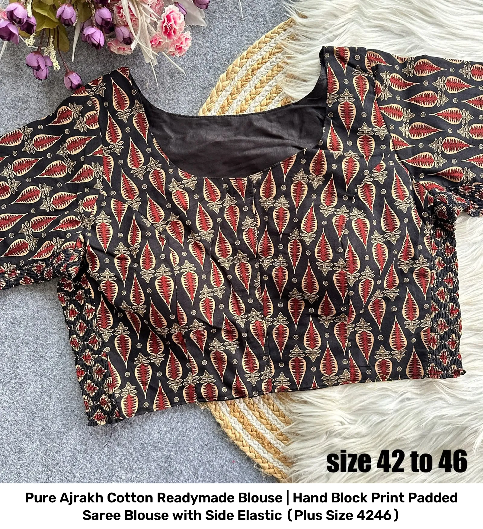 Pure Ajrakh Cotton Readymade Blouse | Hand Block Print Padded Saree Blouse with Side Elastic (Plus Size 42–46) 3