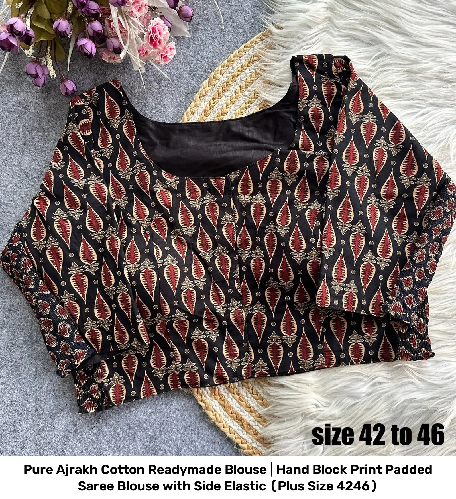Pure Ajrakh Cotton Readymade Blouse | Hand Block Print Padded Saree Blouse with Side Elastic (Plus Size 42–46) 4