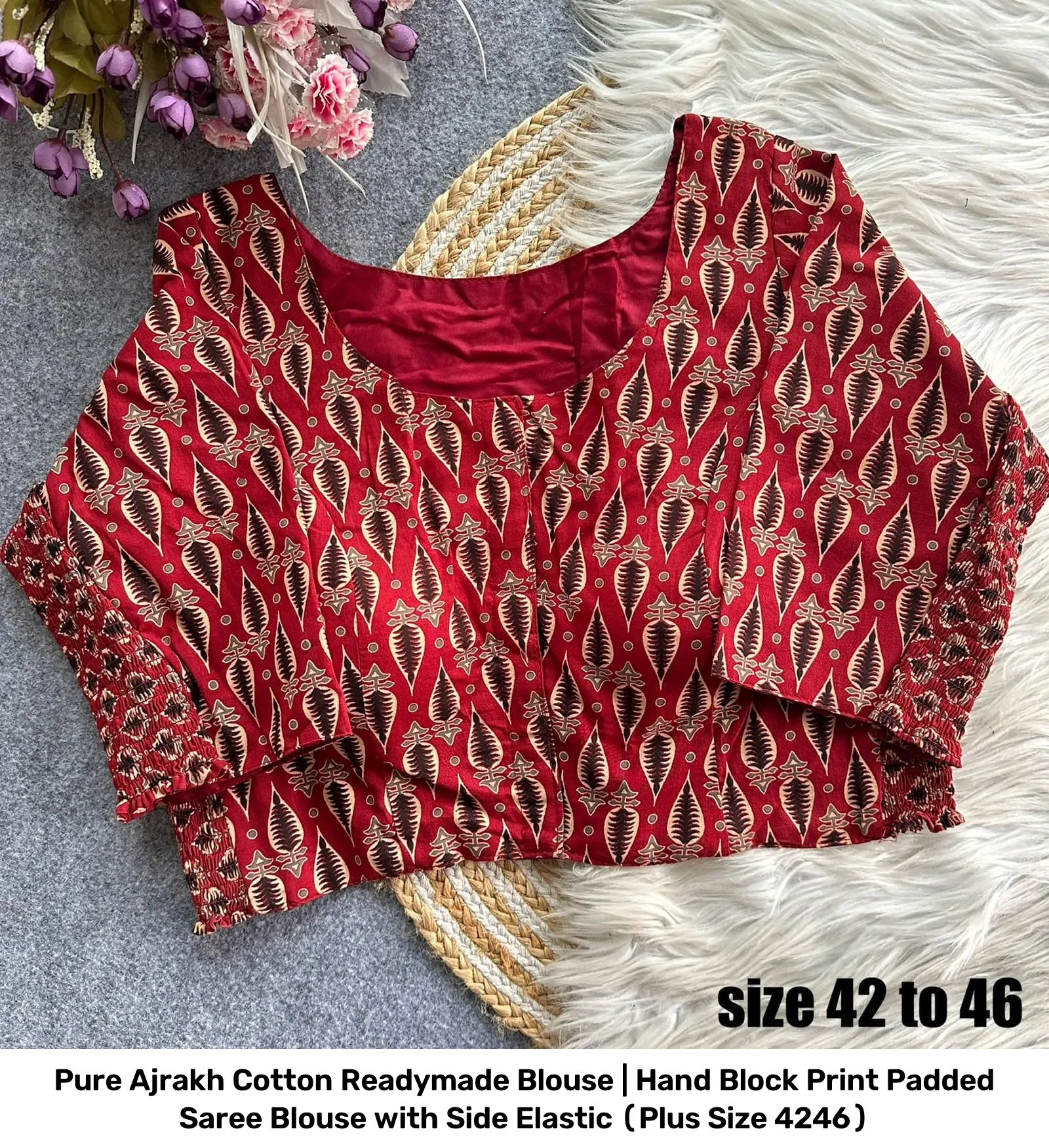 Pure Ajrakh Cotton Readymade Blouse | Hand Block Print Padded Saree Blouse with Side Elastic (Plus Size 42–46) 5
