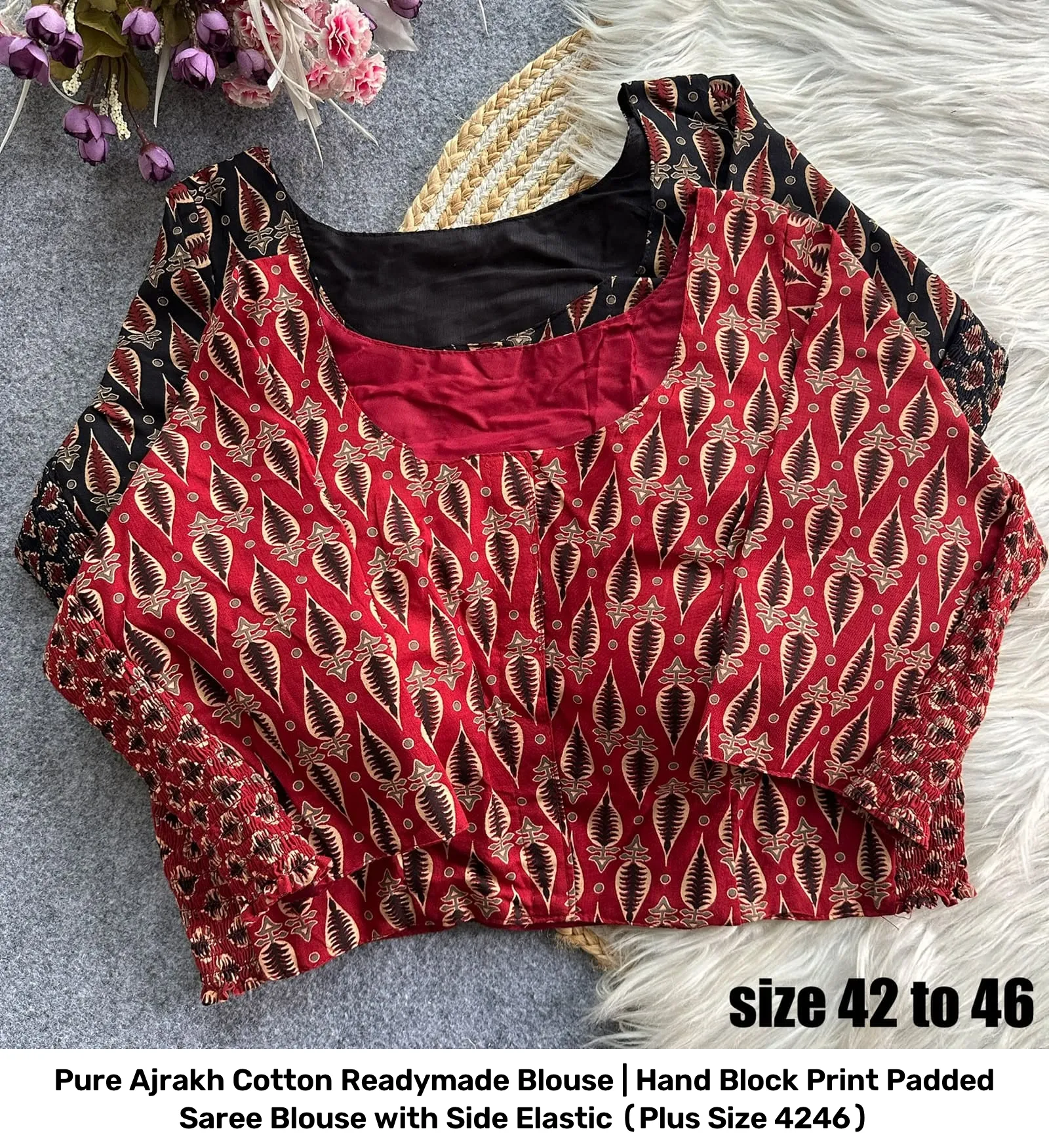 Pure Ajrakh Cotton Readymade Blouse | Hand Block Print Padded Saree Blouse with Side Elastic (Plus Size 42–46) 6