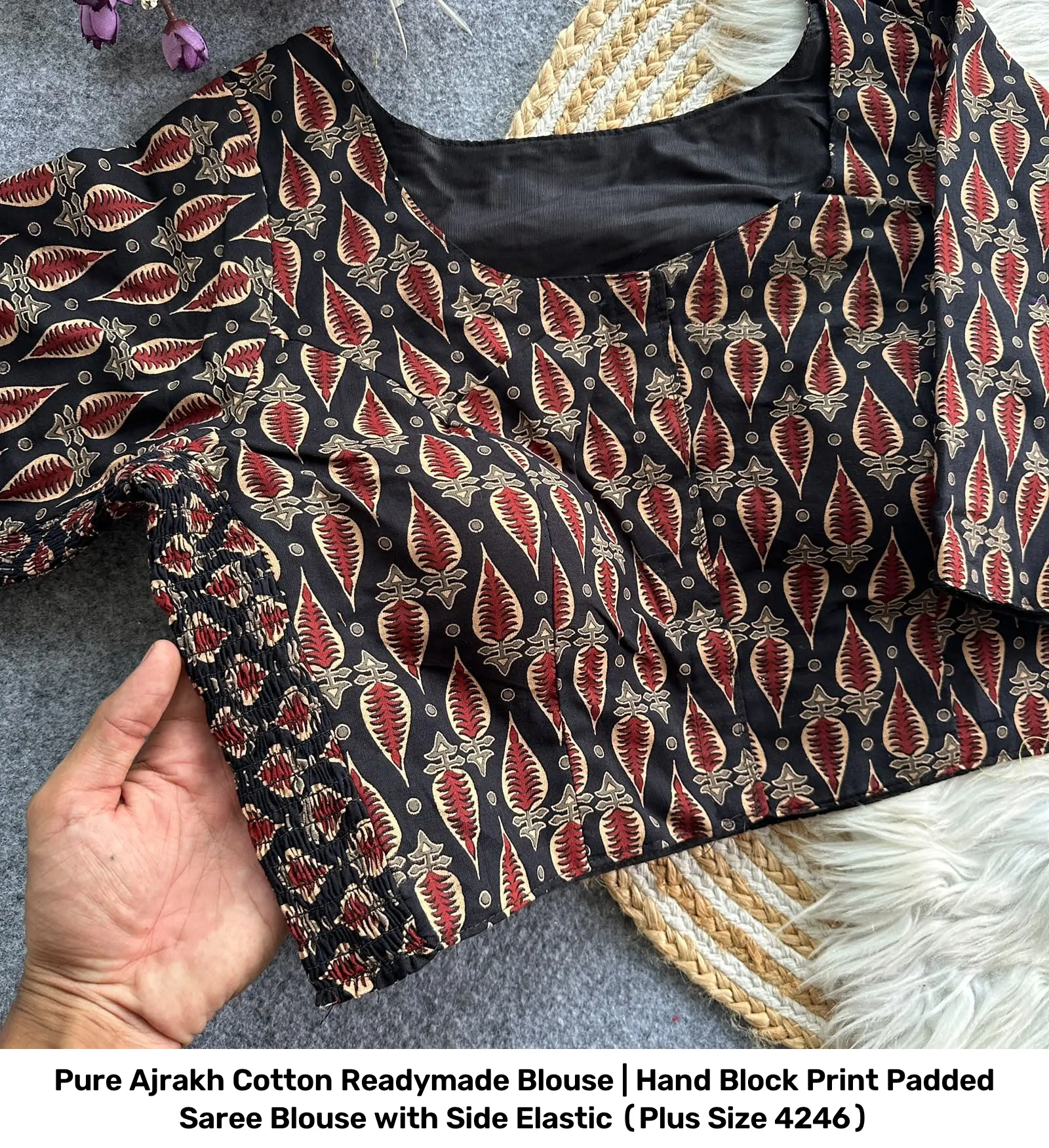 Pure Ajrakh Cotton Readymade Blouse | Hand Block Print Padded Saree Blouse with Side Elastic (Plus Size 42–46) 7