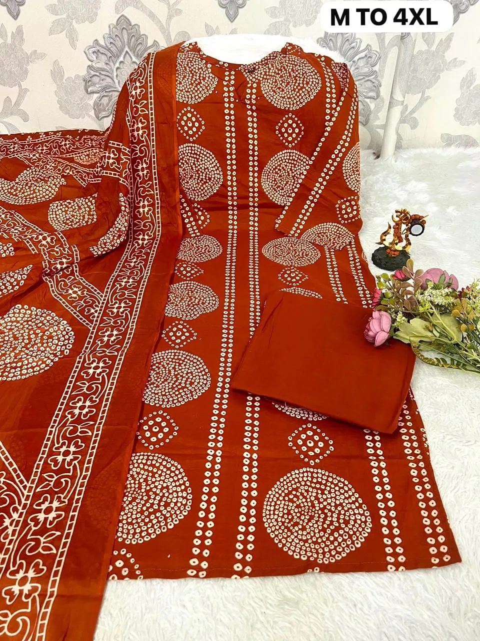 Pure Cambric 60x60 Cotton Bandhani Print Kurti Pant Set with Dupatta | Hand Work Neck Straight Suit (M–4XL)