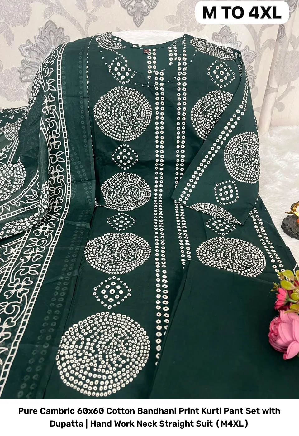 Pure Cambric 60x60 Cotton Bandhani Print Kurti Pant Set with Dupatta | Hand Work Neck Straight Suit (M–4XL) 2