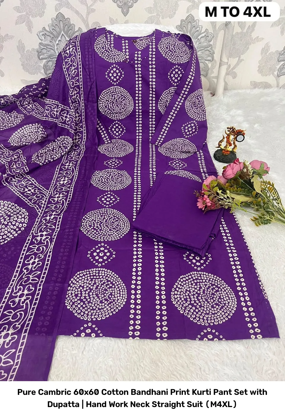 Pure Cambric 60x60 Cotton Bandhani Print Kurti Pant Set with Dupatta | Hand Work Neck Straight Suit (M–4XL) 3