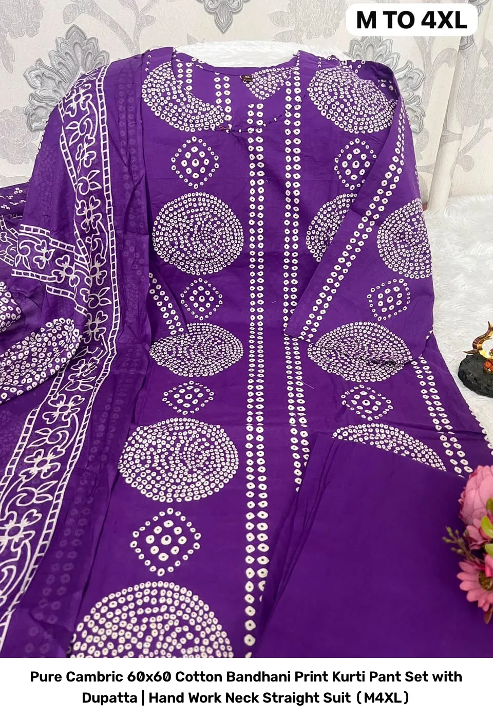 Pure Cambric 60x60 Cotton Bandhani Print Kurti Pant Set with Dupatta | Hand Work Neck Straight Suit (M–4XL) 4