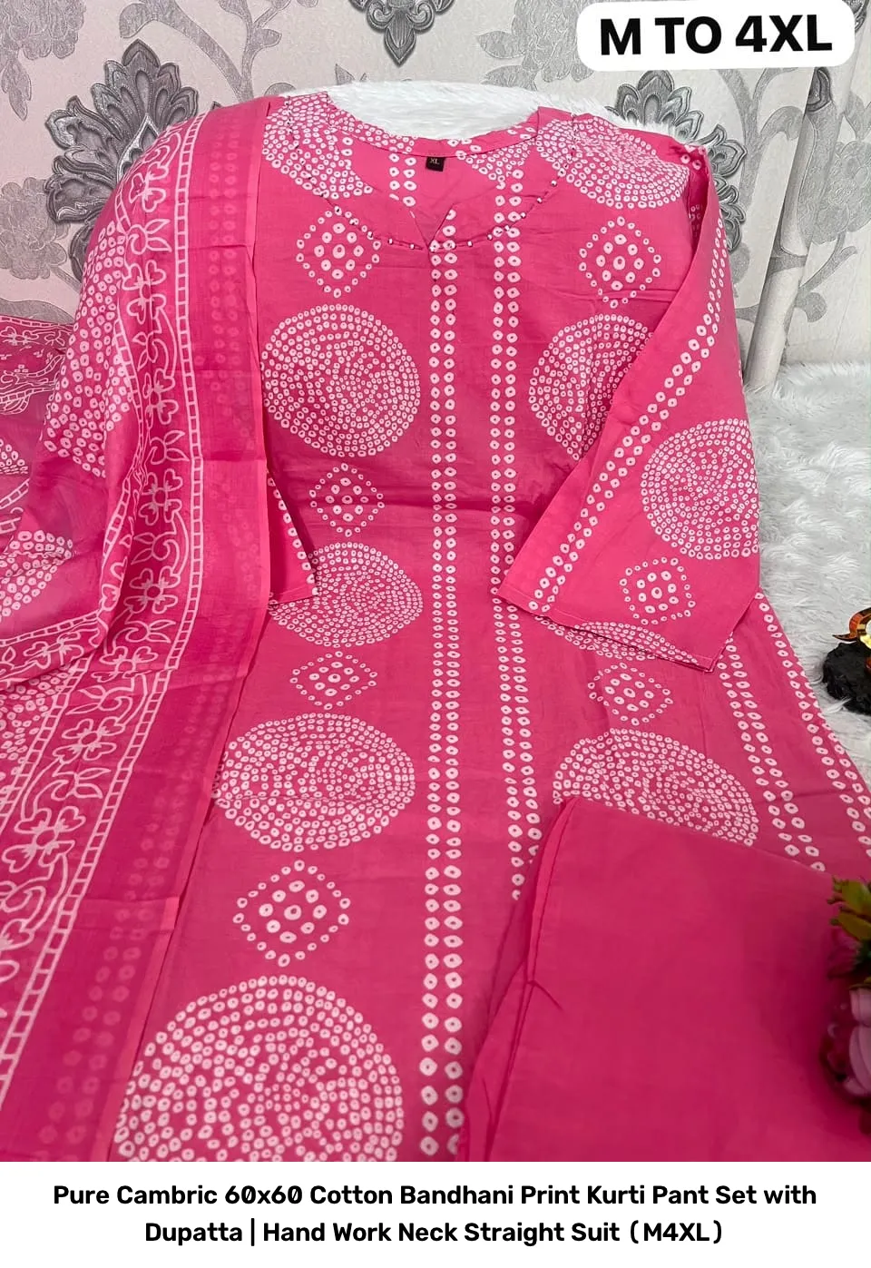 Pure Cambric 60x60 Cotton Bandhani Print Kurti Pant Set with Dupatta | Hand Work Neck Straight Suit (M–4XL) 5
