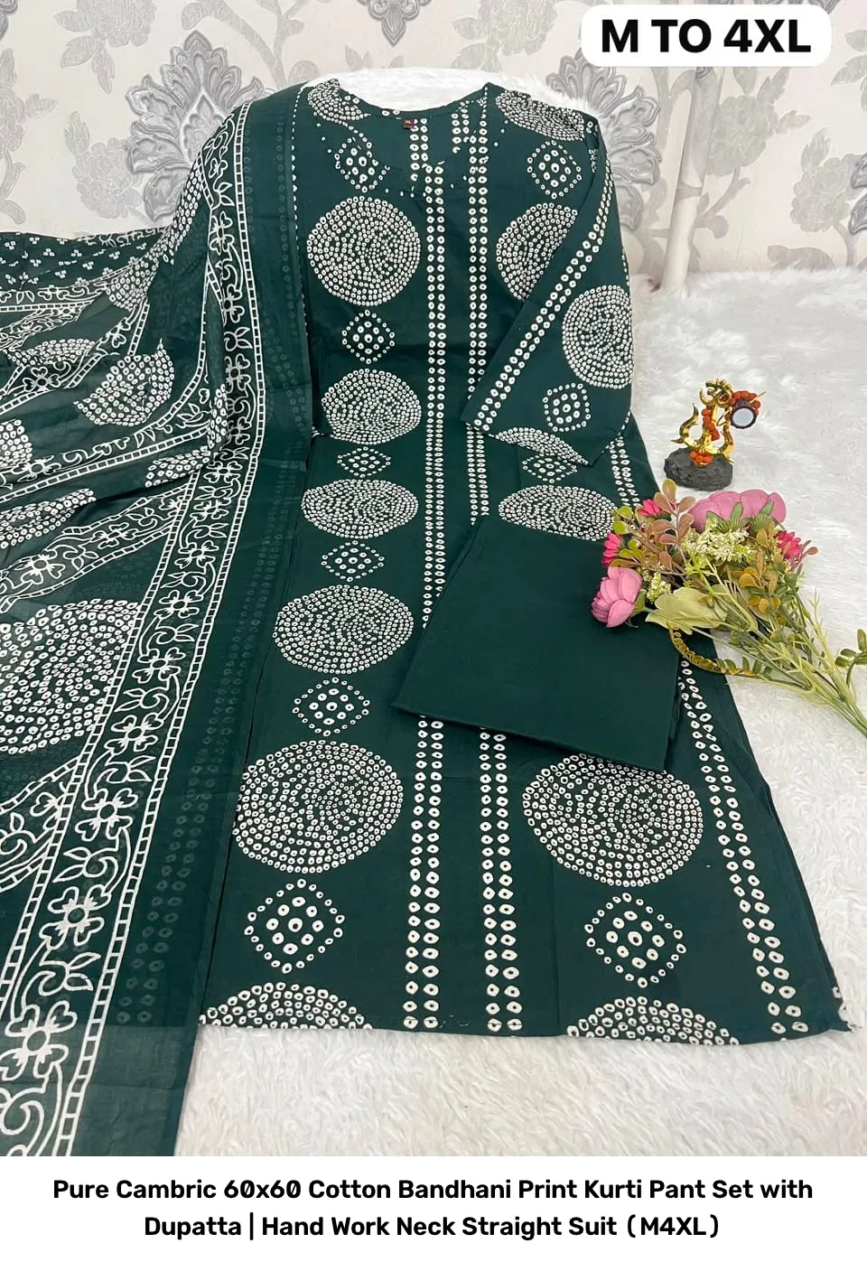 Pure Cambric 60x60 Cotton Bandhani Print Kurti Pant Set with Dupatta | Hand Work Neck Straight Suit (M–4XL) 6