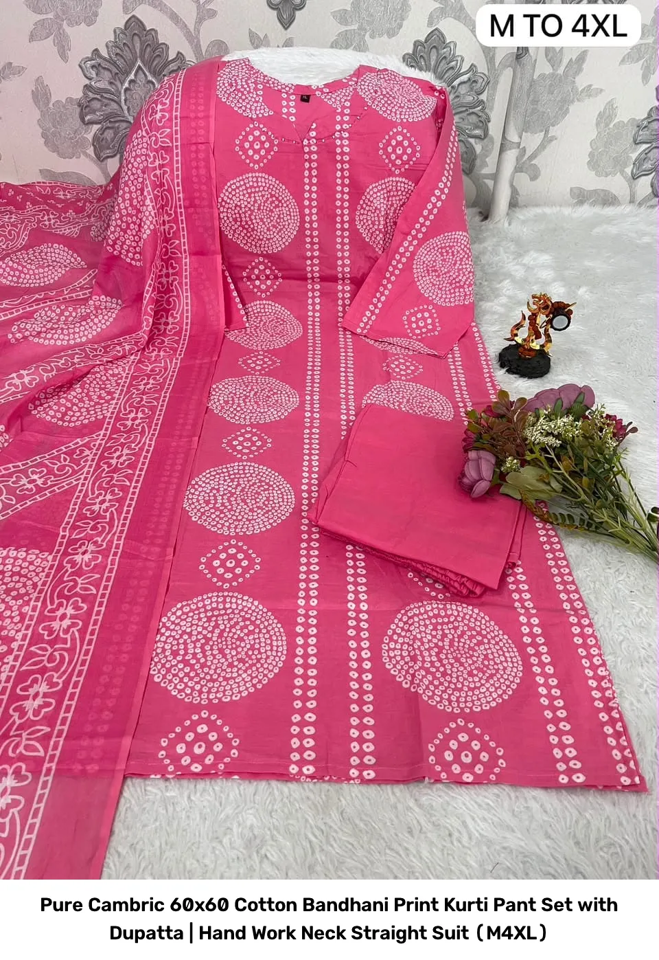 Pure Cambric 60x60 Cotton Bandhani Print Kurti Pant Set with Dupatta | Hand Work Neck Straight Suit (M–4XL) 7